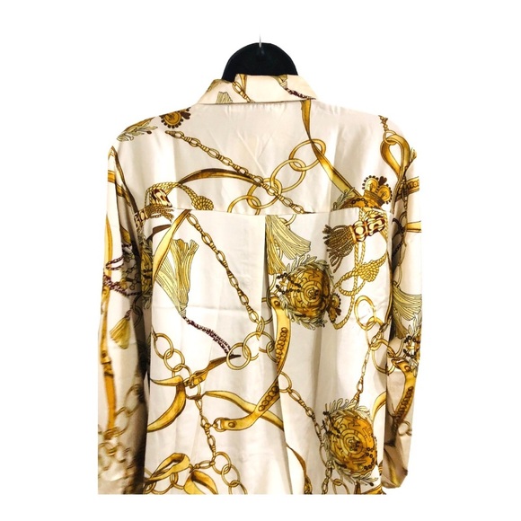 Designer look ivory satin‎ look gold chain print button down blouse top size XL - Picture 4 of 16